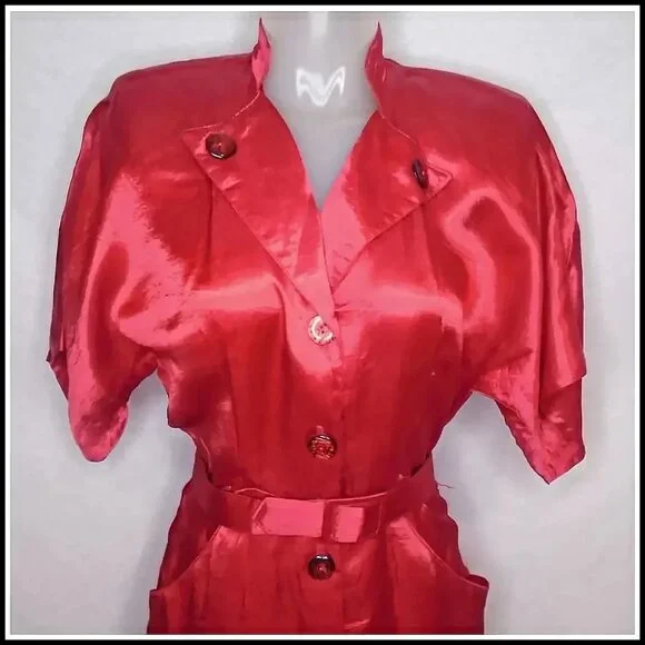 40s Style Red Satin Sheath Dress, Military Influence Retro Swing VFG &0s Vintage - Picture 3 of 14